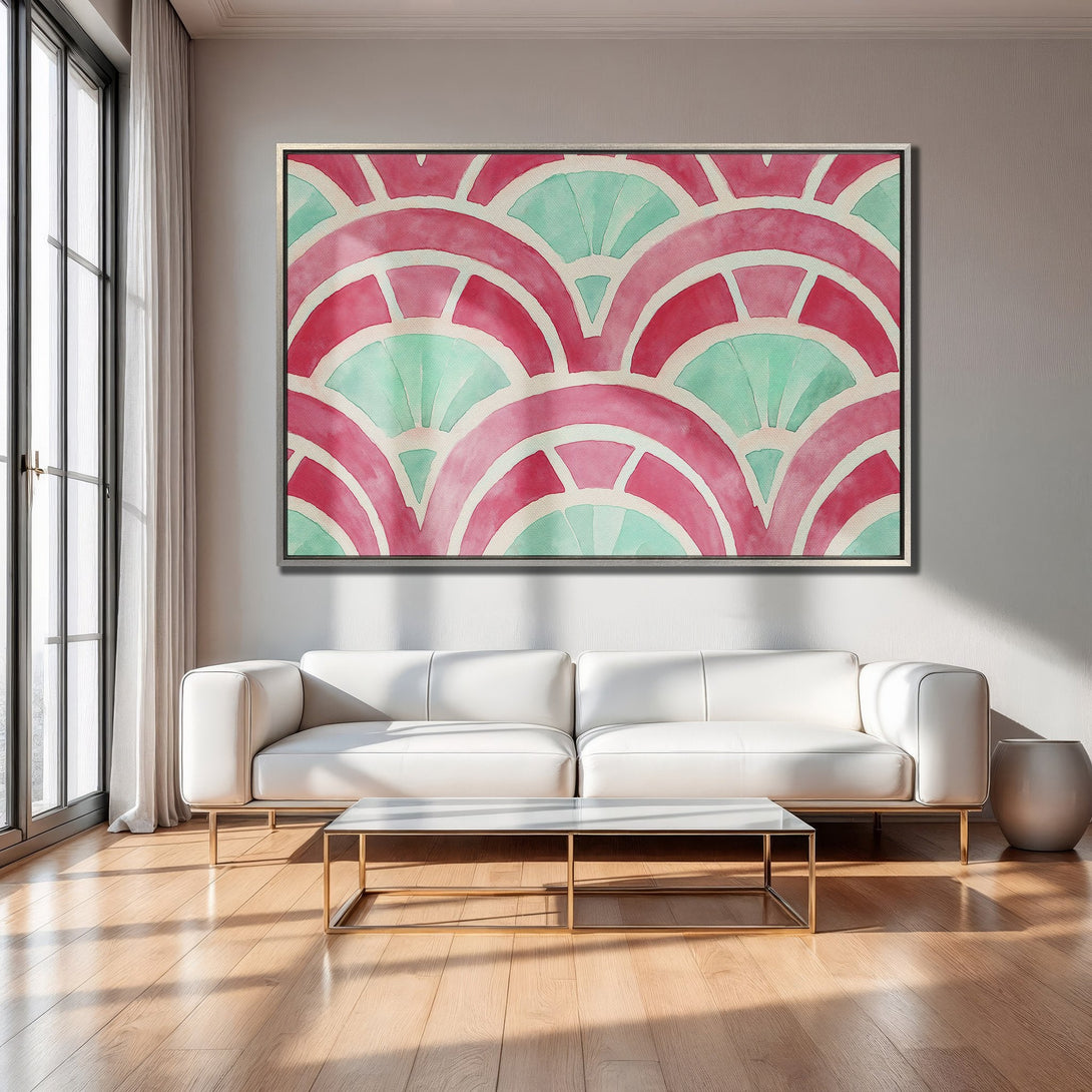 Framed Wall Art: Abstract watercolor design in pink and teal. Modern art Canvas Print adds a pop of color to any living room.