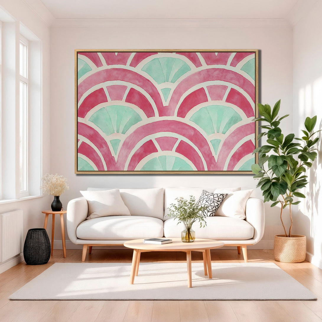 Framed Wall Art: Abstract watercolor art in pink and teal, displayed in a modern living room. Add a pop of color with this stylish Canvas Print!