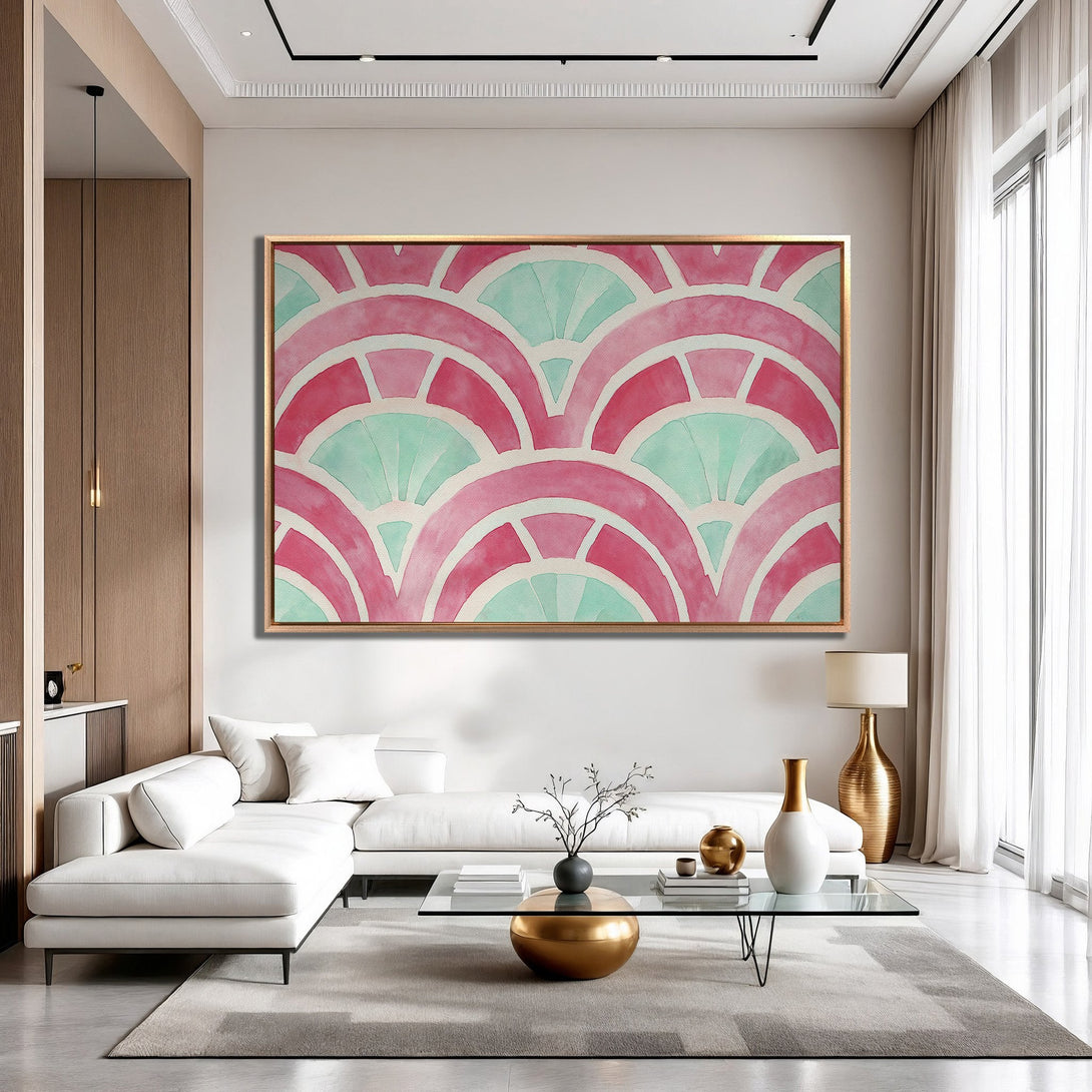 Framed Wall Art: Abstract watercolor print in pink and teal. Modern art adds a pop of color to any living room. Shop our canvas prints!