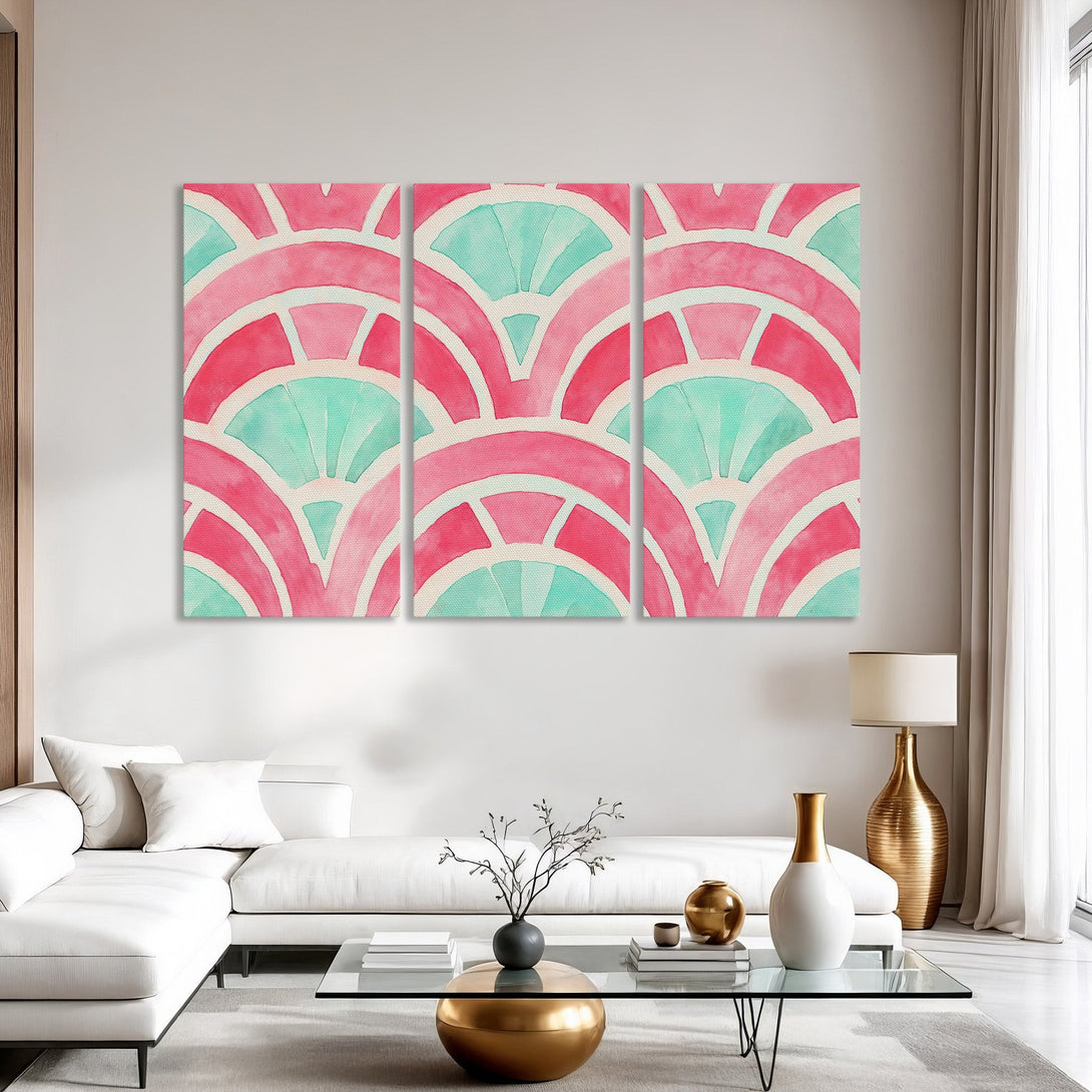 Canvas Print triptych with abstract watercolor design in pink and teal. Modern wall art for living room decor.
