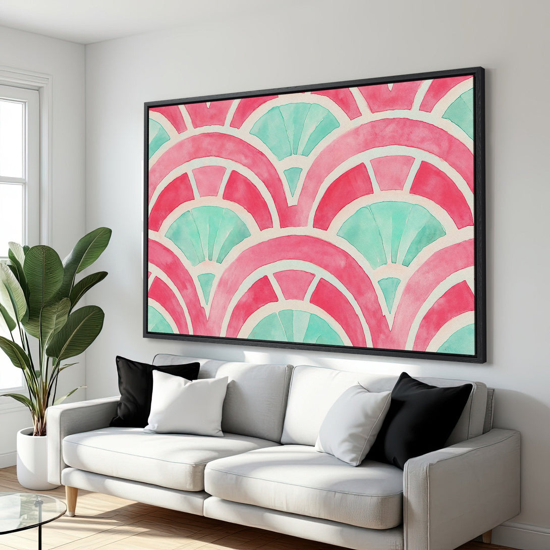Framed Wall Art featuring a vibrant watercolor pattern in pink and teal, perfect for adding a pop of color to any living room.