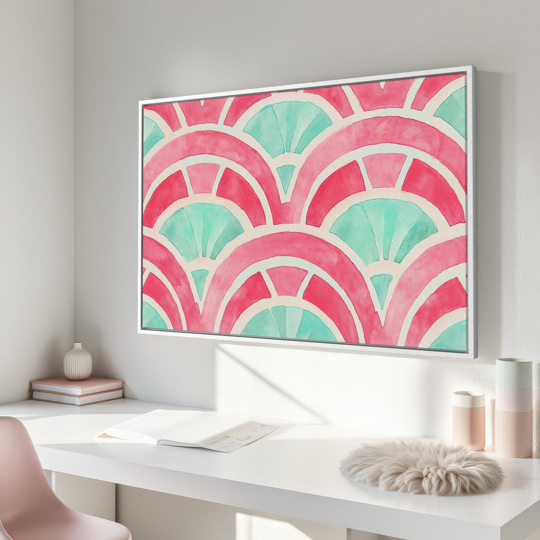 Framed Wall Art featuring a watercolor abstract pattern in pink and teal. Modern art print perfect for adding a pop of color to any space.