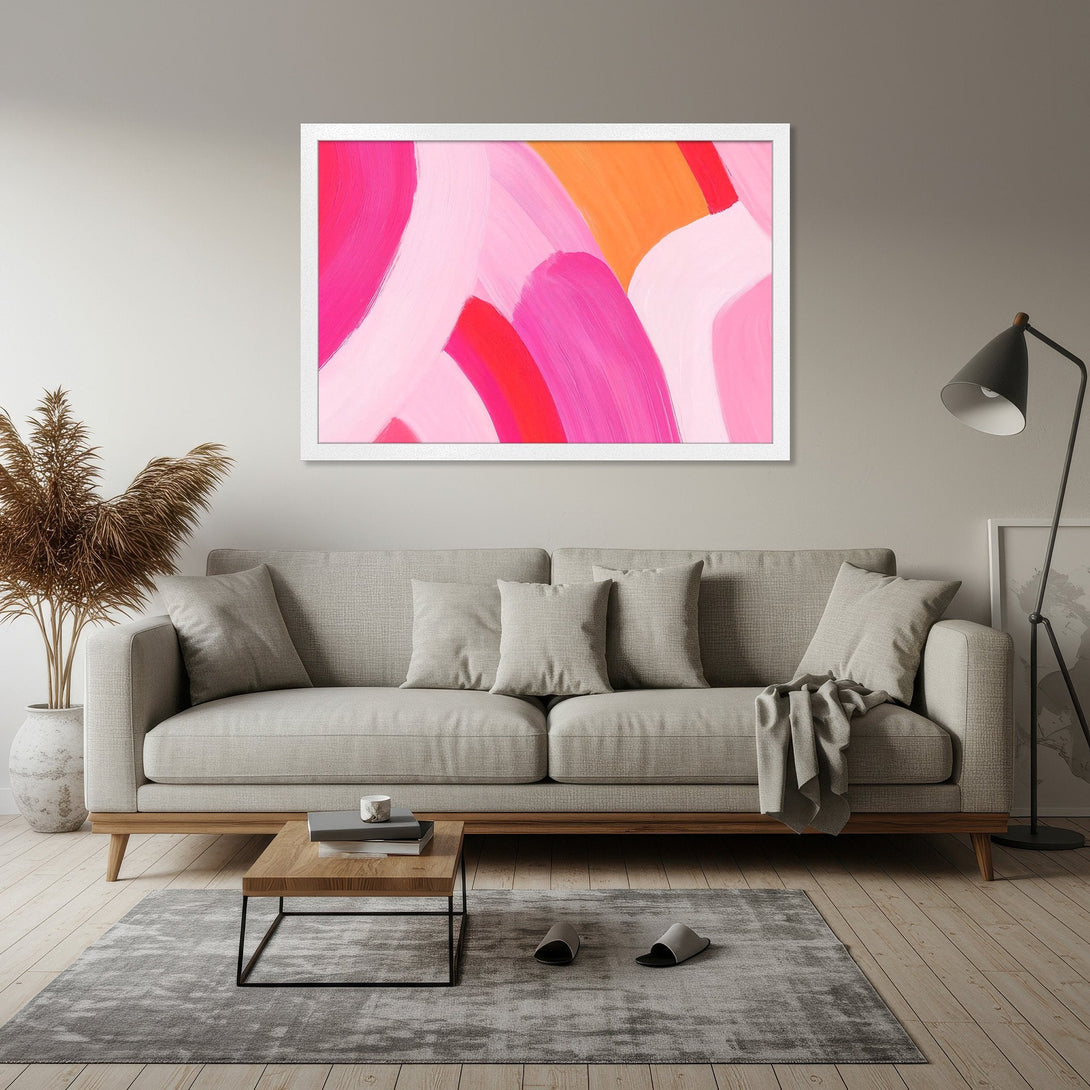 Framed Poster featuring abstract art in pink, red, and orange hues. Modern, colorful wall decor to brighten any space.