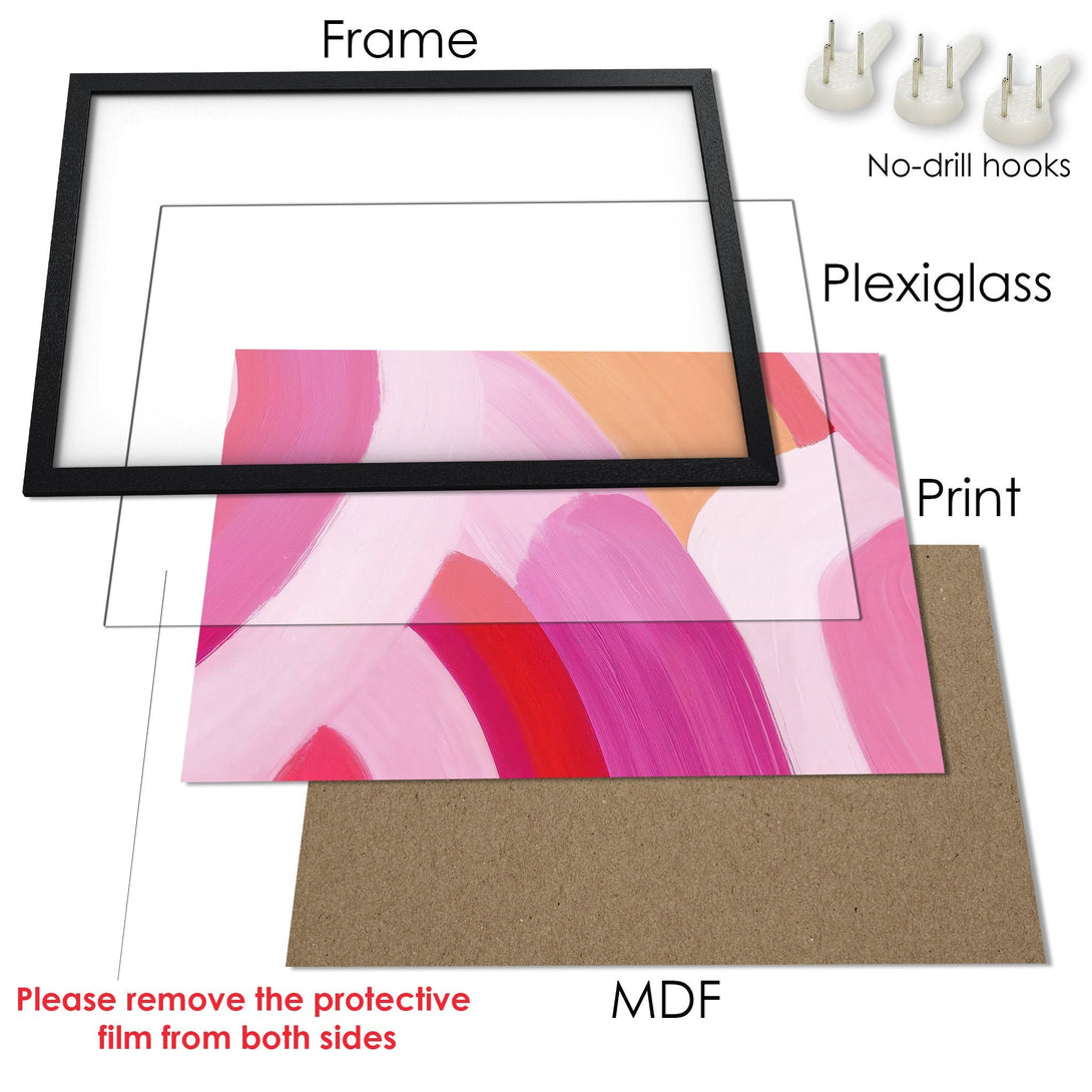 Framed Poster featuring abstract art in a pink and orange palette. Modern style, ready to hang and brighten your space!