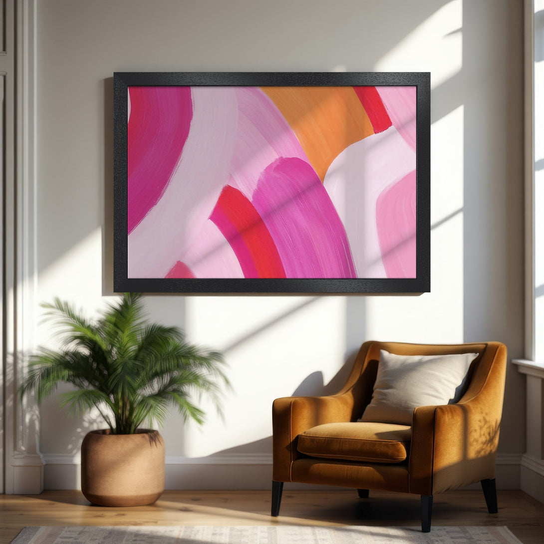 Framed Poster featuring abstract art in pink, red, and orange hues. Modern style, perfect for adding a pop of color to any room.