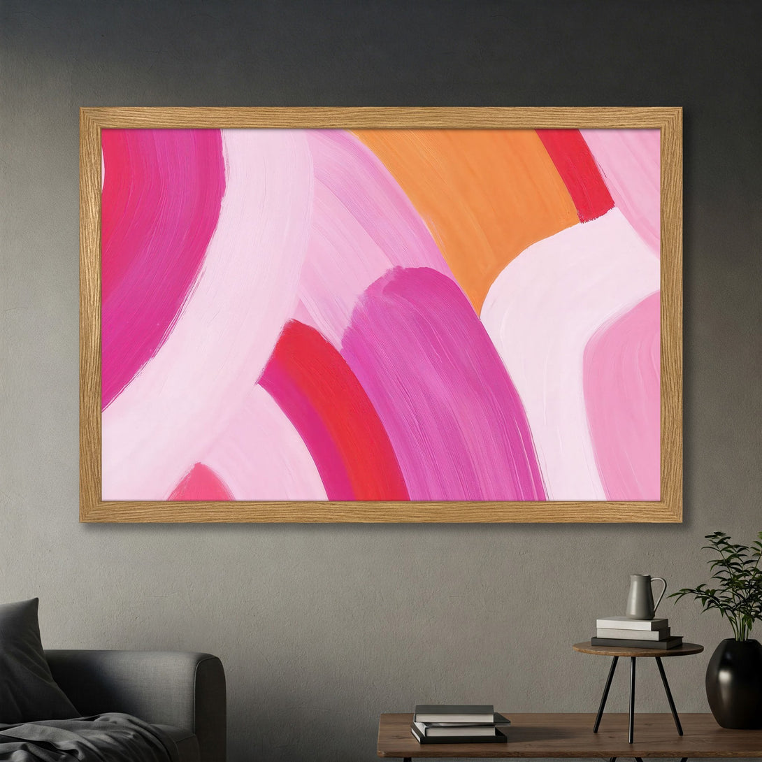 Framed Poster featuring abstract brushstrokes in pink, red, and orange hues. Modern art style, perfect for adding a pop of color to any space.