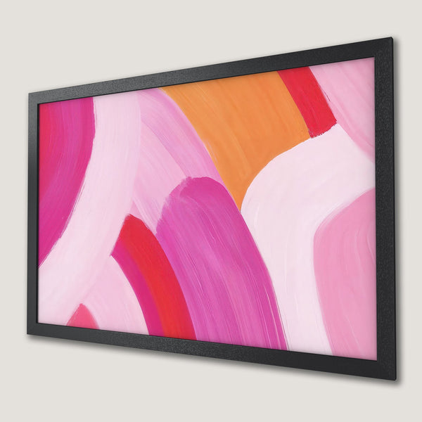 Framed Poster featuring abstract brushstrokes in pink, red, and orange hues. Modern art for your home decor.