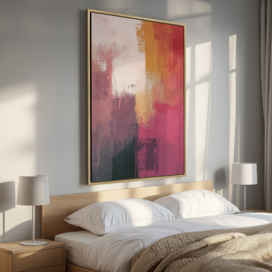 Framed Wall Art: Abstract painting in a bedroom with a warm, pink and orange color palette. Modern art for a stylish interior.