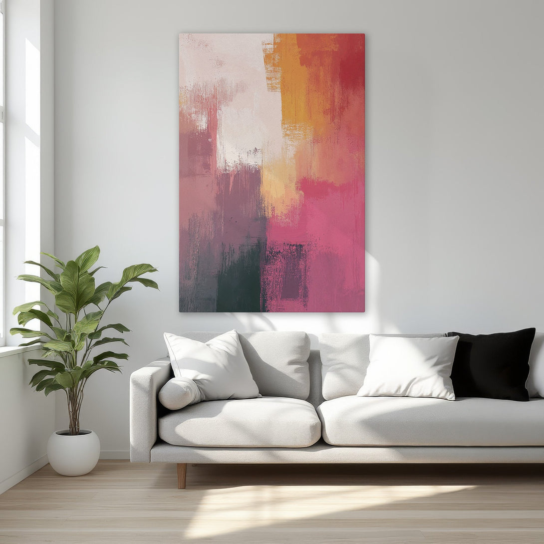 Framed Wall Art: Abstract canvas print with bold brushstrokes in a vibrant pink, orange, and burgundy palette. Perfect for adding a pop of color to any room.