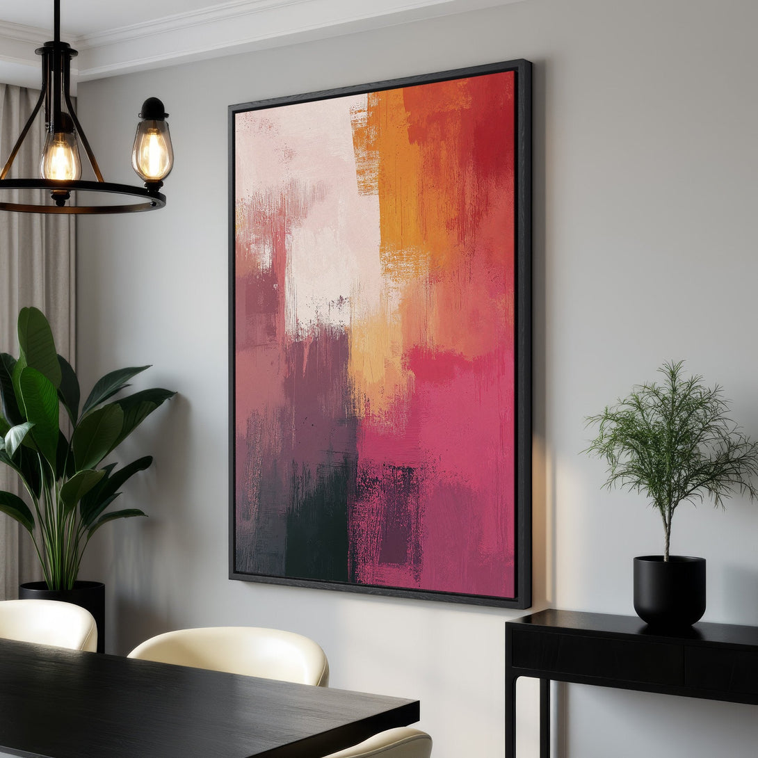 Framed Wall Art: Abstract canvas print in warm tones of red, pink, and orange. Modern art piece for stylish home decor.