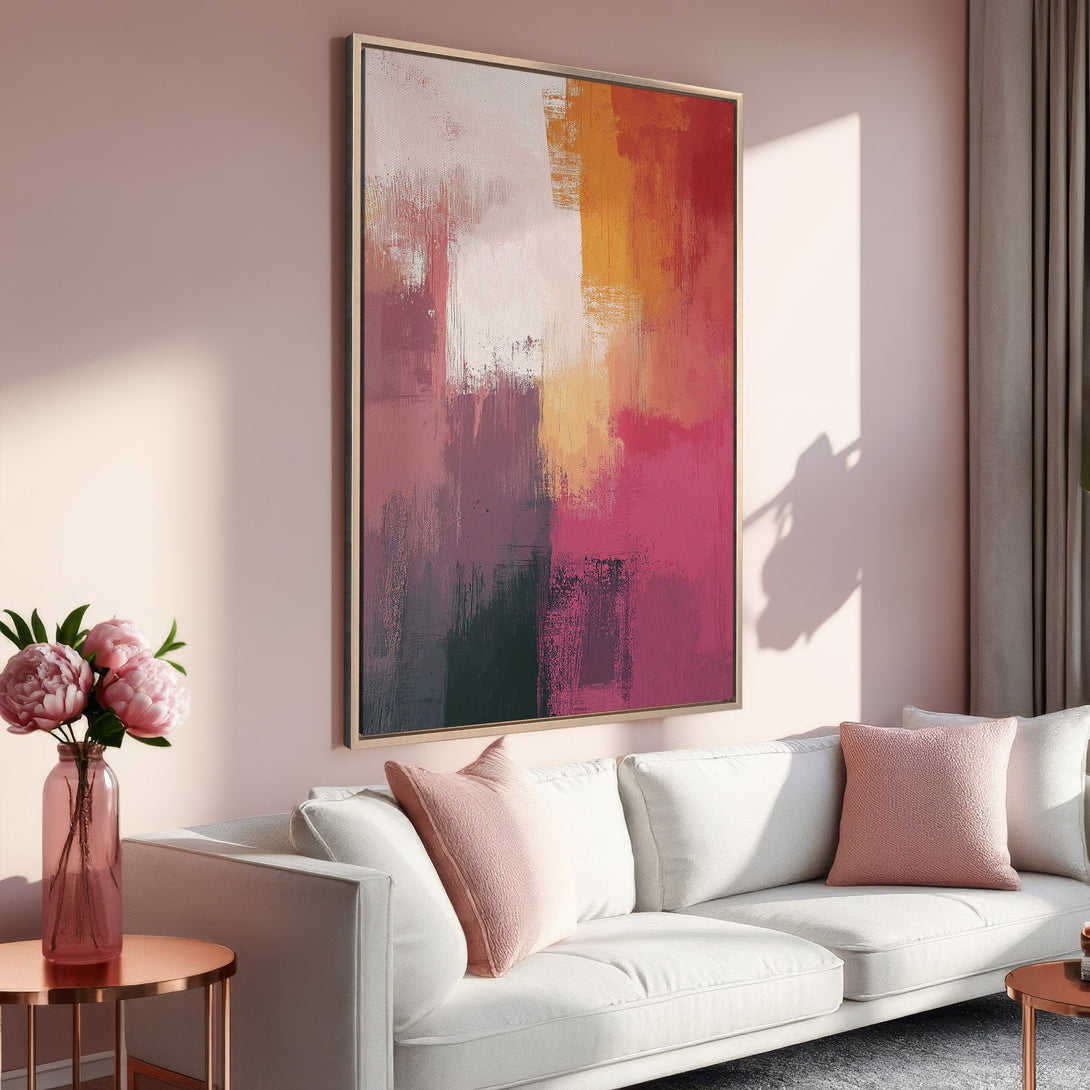 Framed Wall Art: Abstract canvas print in warm pink, orange, and red tones. Modern art for living room decor. Shop our collection today!