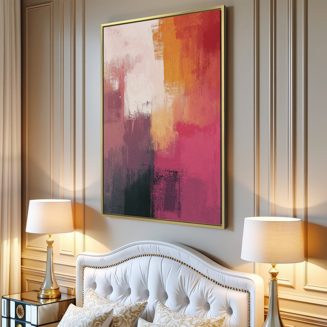 Canvas Print featuring abstract brushstroke art in pink, red, and orange hues, adding modern style to any living room.