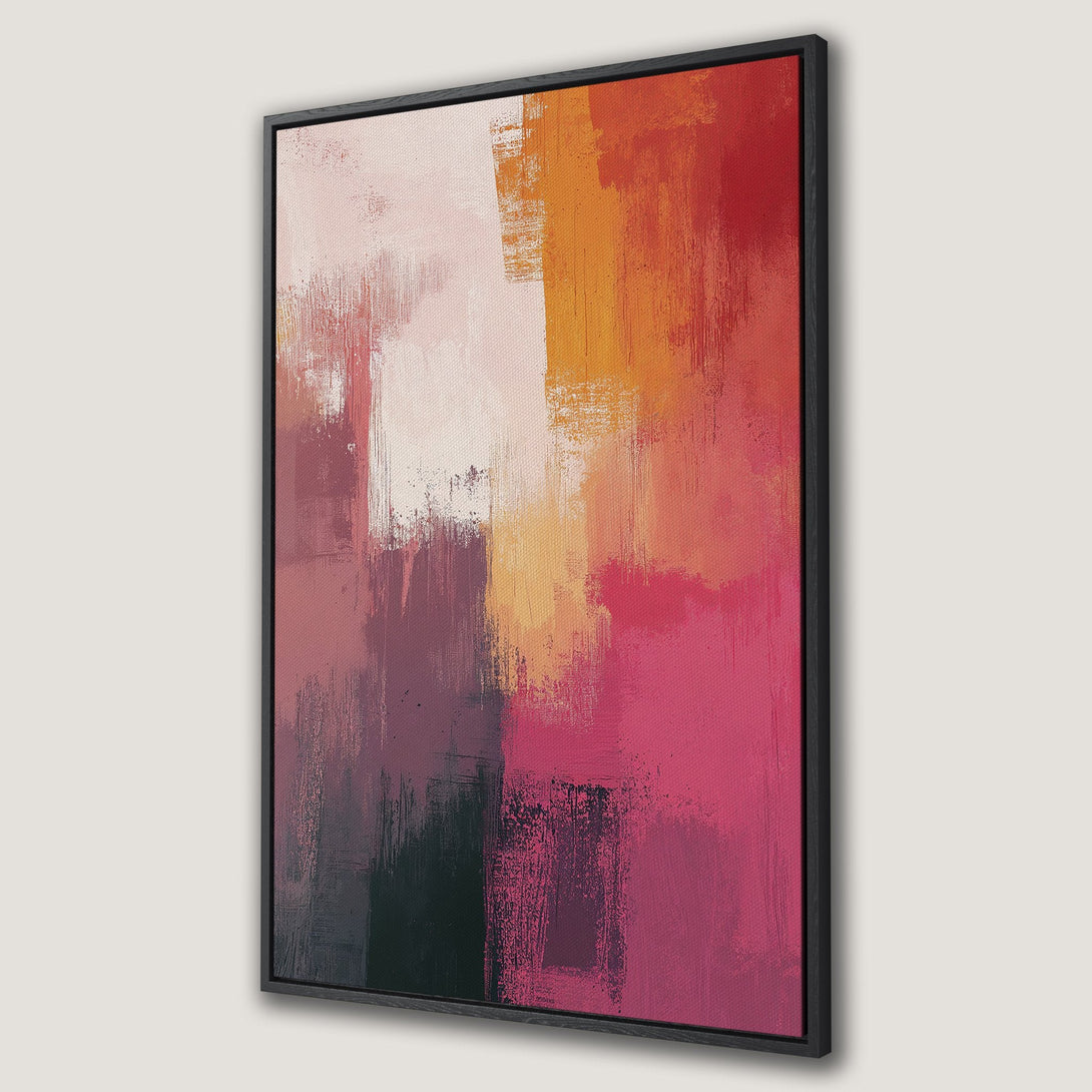 Framed Wall Art featuring an abstract expressionist painting in a warm color palette of pinks, oranges, and reds. Perfect for modern home decor.