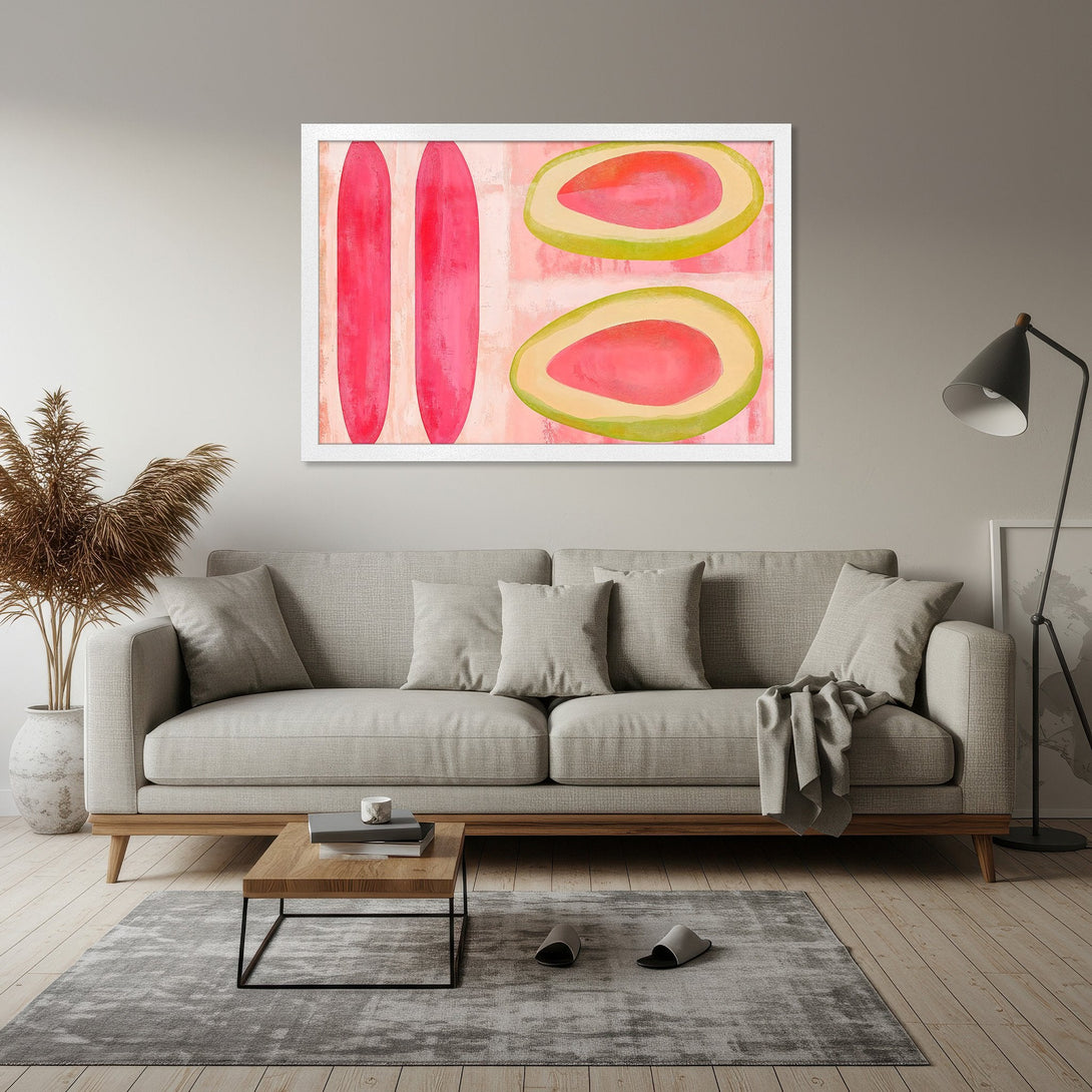 Framed Poster featuring abstract fruit art in pink and green. Modern style, perfect for adding a pop of color to your space!
