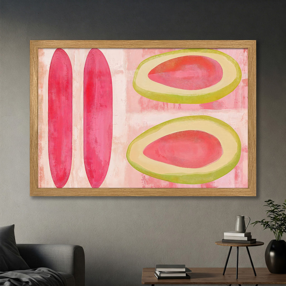 Framed Poster featuring abstract fruit art in pink, red, and green. Modern wall decor for a stylish home.