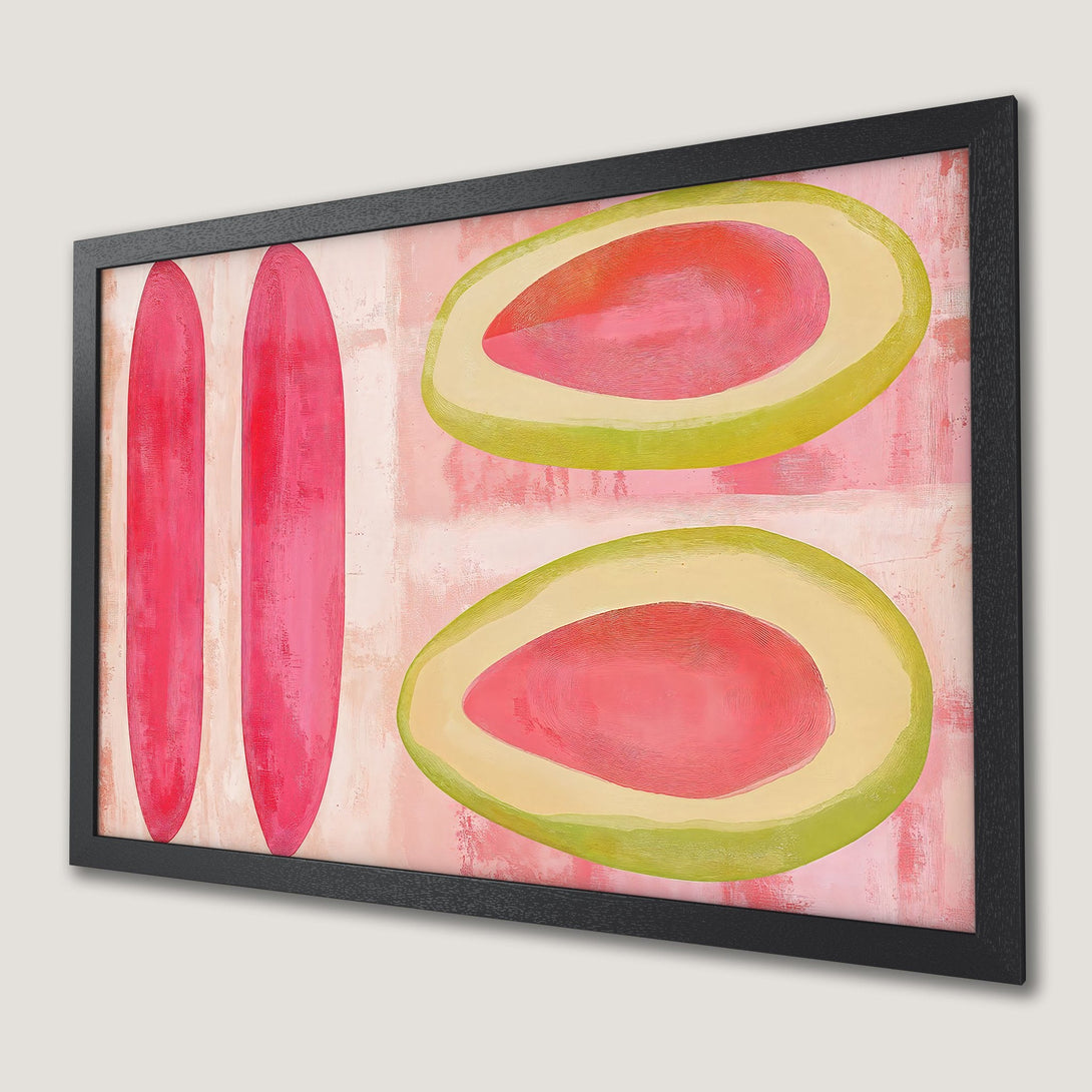 Framed Poster featuring abstract fruit art in pink, green, and yellow. Modern style, perfect for adding a pop of color to any space.