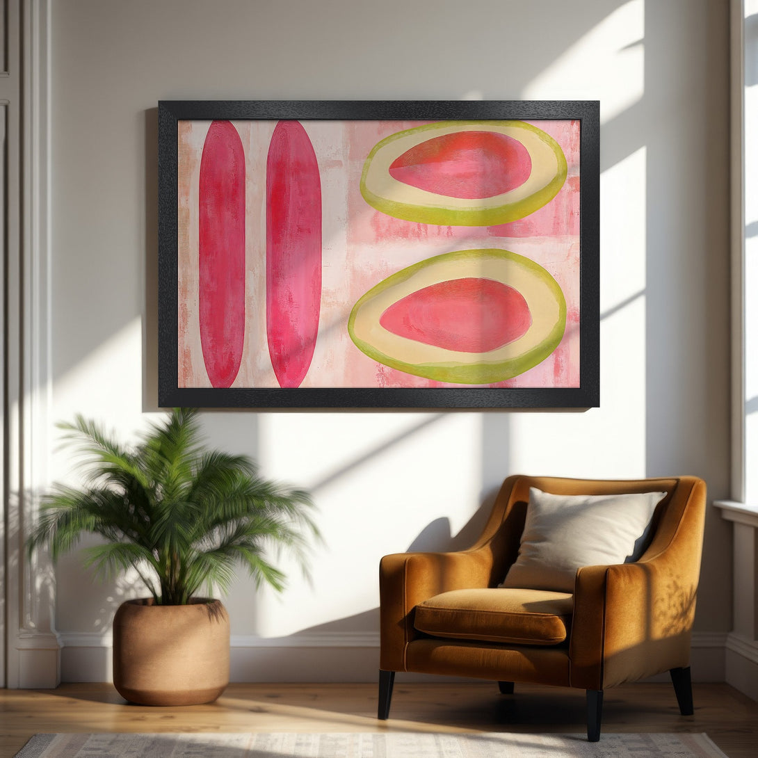 Framed Poster featuring abstract fruit art in pink, red, and green. Modern style, perfect for home decor.