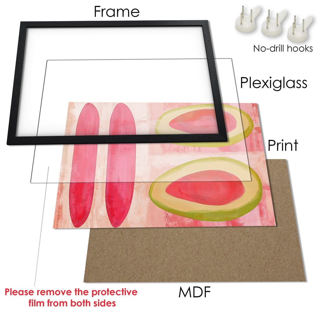 Framed Poster featuring abstract fruit art in pink and green hues. Modern wall decor for your home.