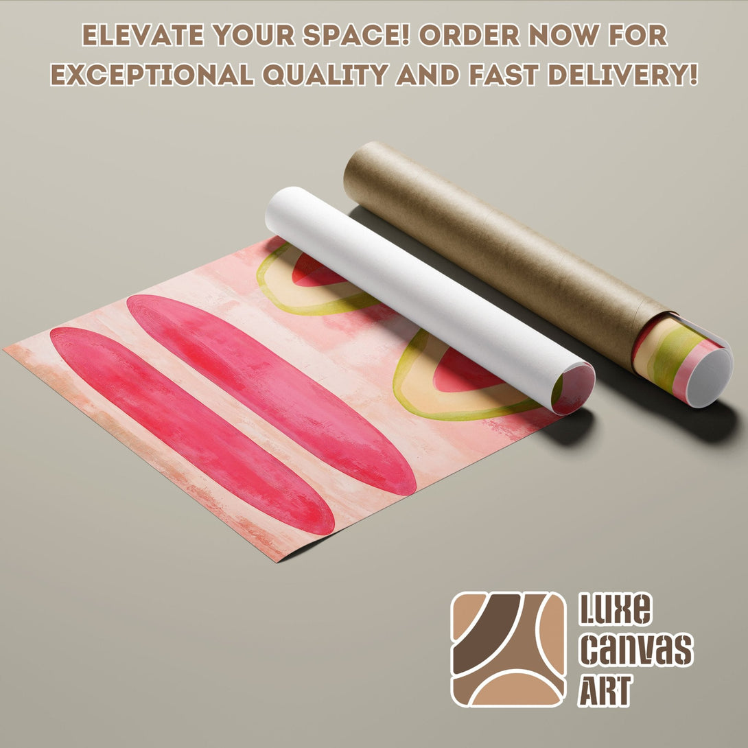 Abstract art poster roll with pink and green accents, warm color palette. Order your poster today!