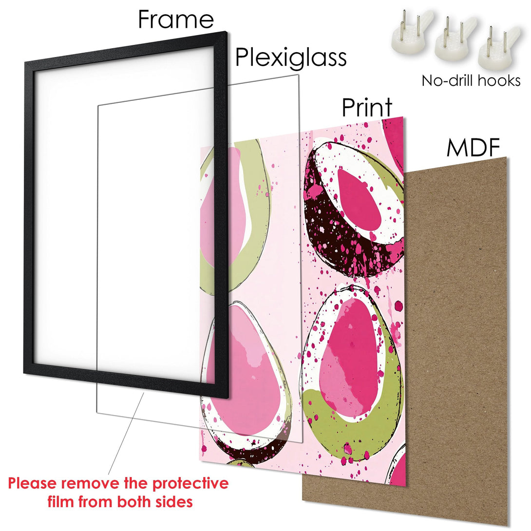 Framed Poster with abstract fruit art in pink and green. Modern style, ready to hang!