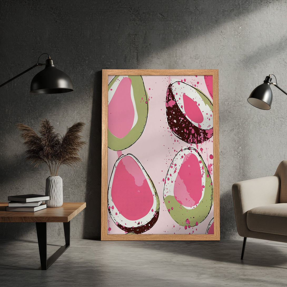 Framed Poster featuring abstract fruit art in pink, green, and brown on a light pink background. Modern art style.