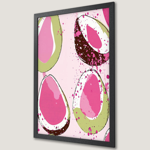 Framed Poster featuring abstract avocado art with pink, green, and brown splashes on a light pink background. Modern art for your home!