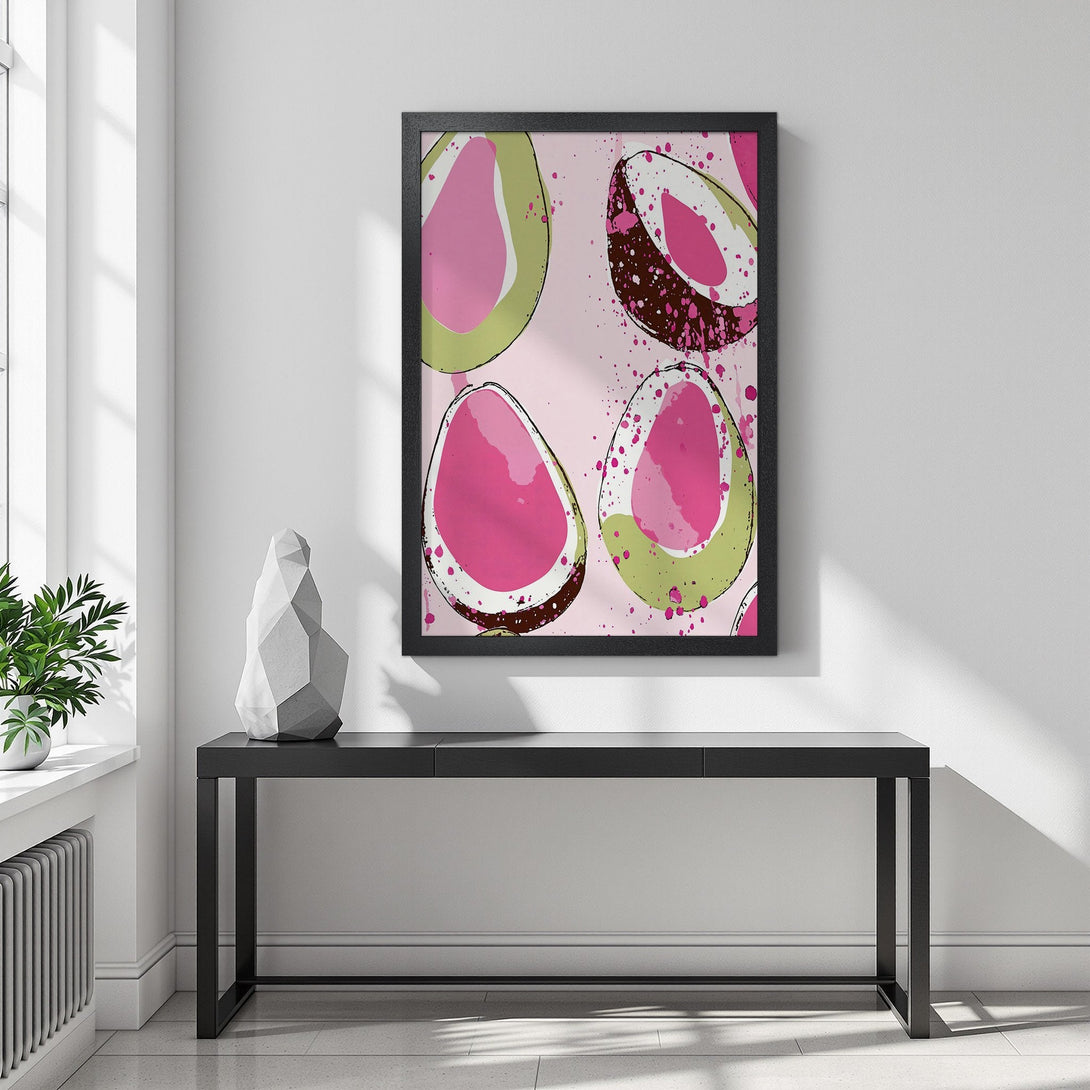 Framed Poster featuring abstract avocado art in pink, green, and brown. Modern style, perfect wall decor.