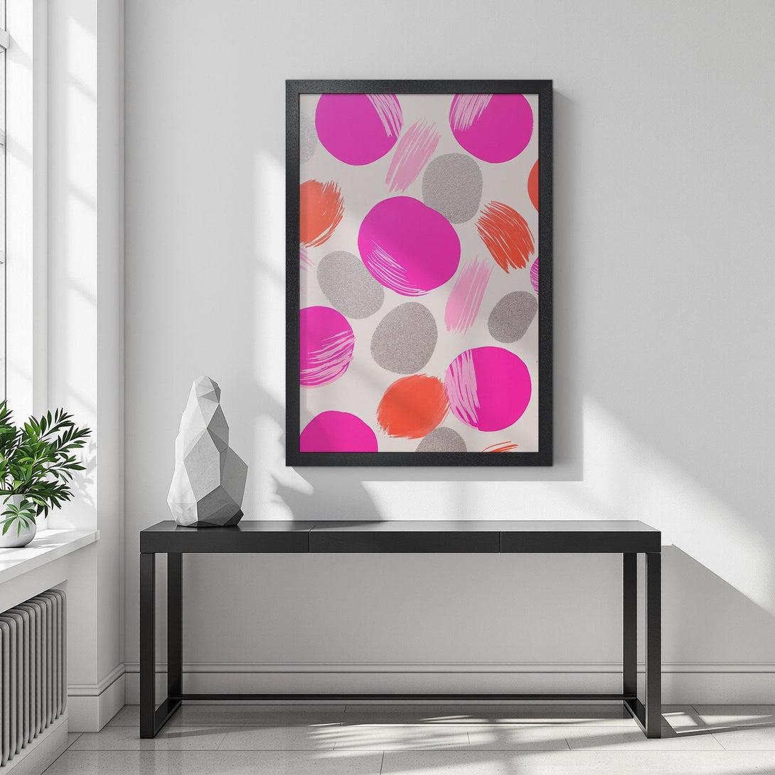 Framed Poster featuring abstract pink, orange, and gray brushstrokes on a neutral background. Modern art print for home decor.