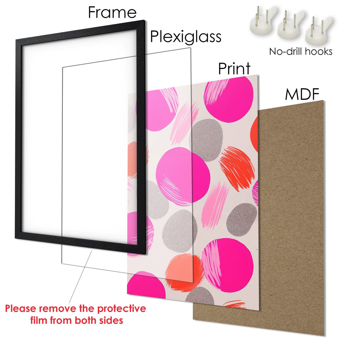 Framed Poster with abstract pink, orange & gray design. Modern art print for your home.