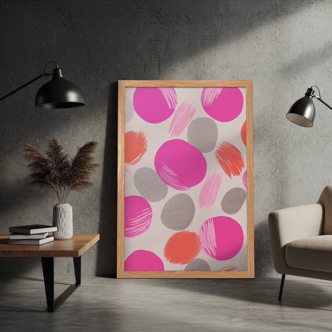 Framed Poster featuring abstract brushstroke design in pink, orange, and gray on a neutral background. Modern art for home decor.