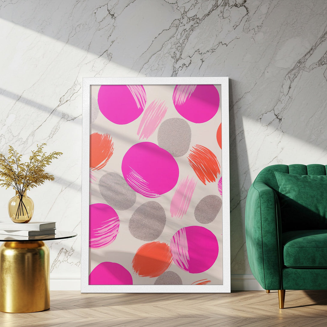 Framed Poster with abstract art in pink, orange, and grey. Modern art print for home decor, stylish and vibrant.