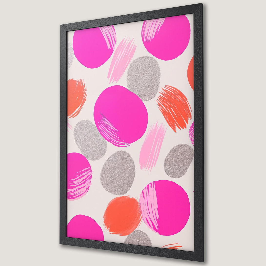 Framed Poster featuring abstract art with pink, orange, and silver brushstrokes on a white background. Modern wall art for your home!