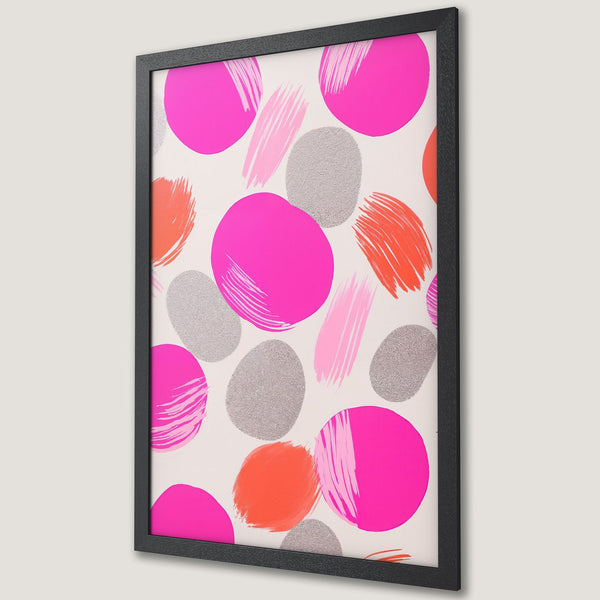 Framed Poster featuring abstract art with pink, orange, and silver brushstrokes on a white background. Modern wall art for your home!