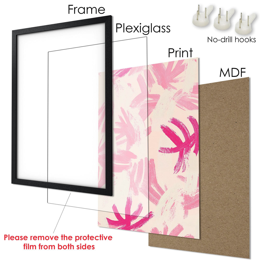 Framed Poster with abstract brushstroke art in pink and cream tones. Modern wall decor for any space.