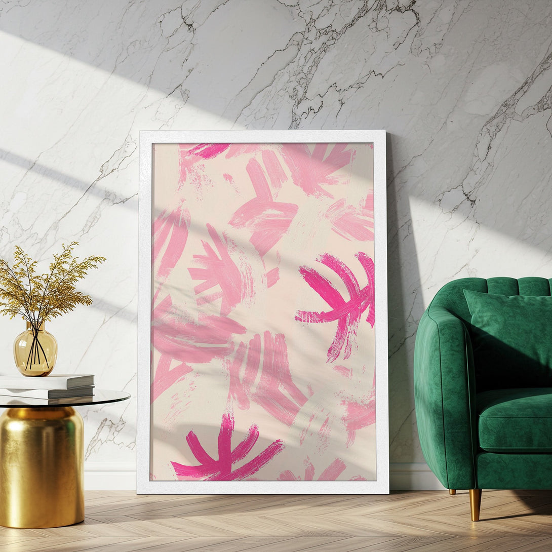 Framed Poster with abstract pink brushstrokes on beige background. Modern art style, perfect for home decor.