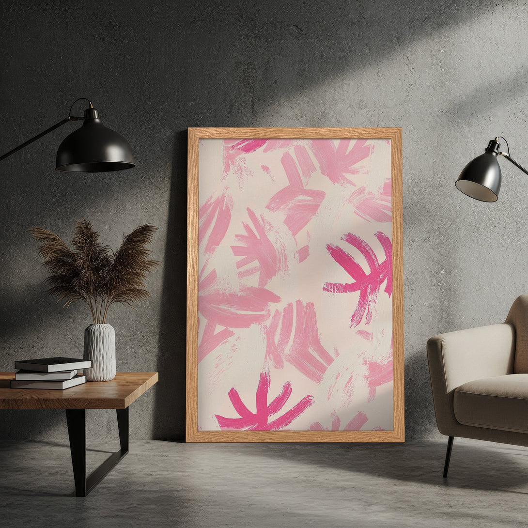 Framed Poster with abstract pink brushstroke design. Modern art print in a neutral color palette, perfect for home decor.