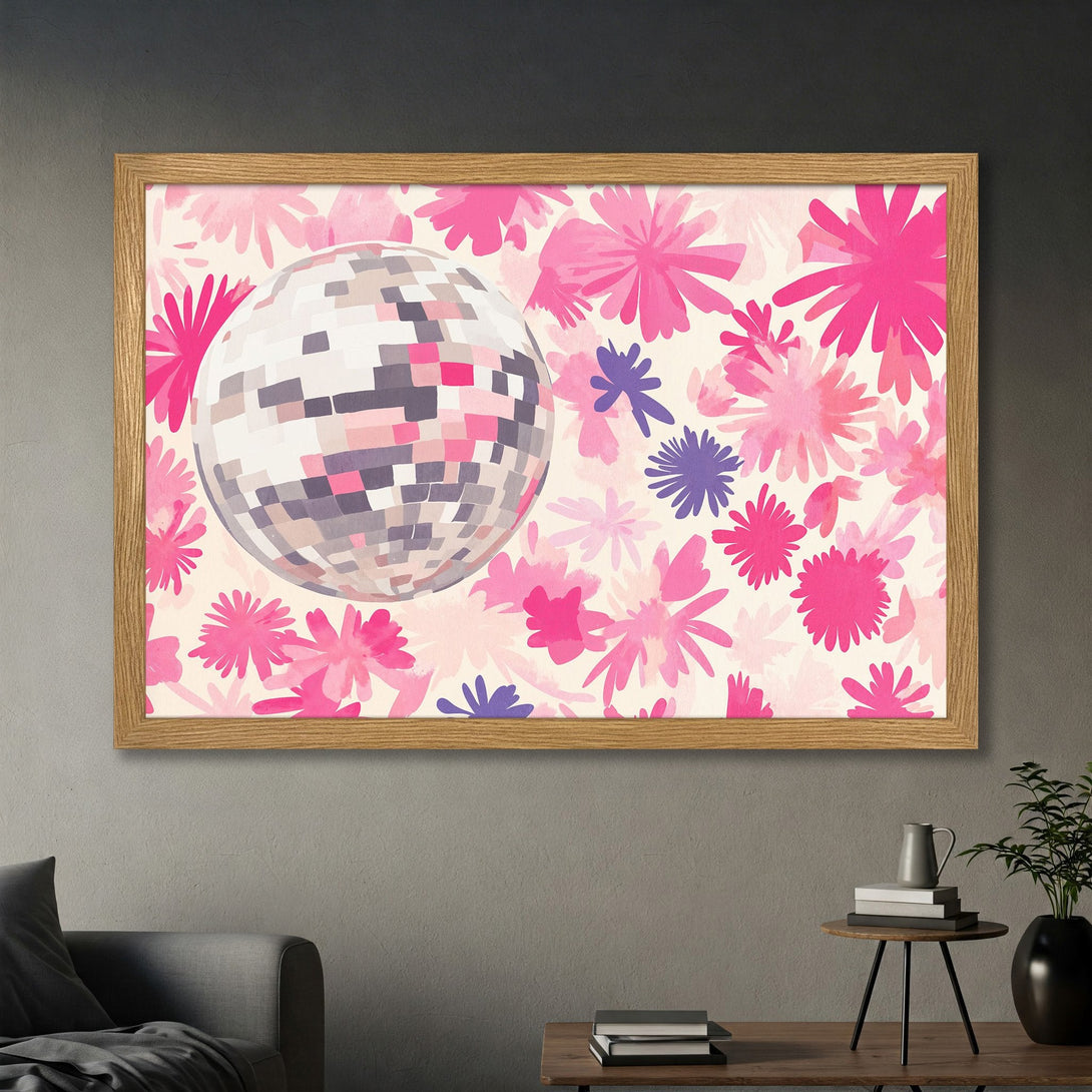 Framed Poster featuring a disco ball and floral design in pink and purple hues. Modern art style, perfect for adding a pop of color.