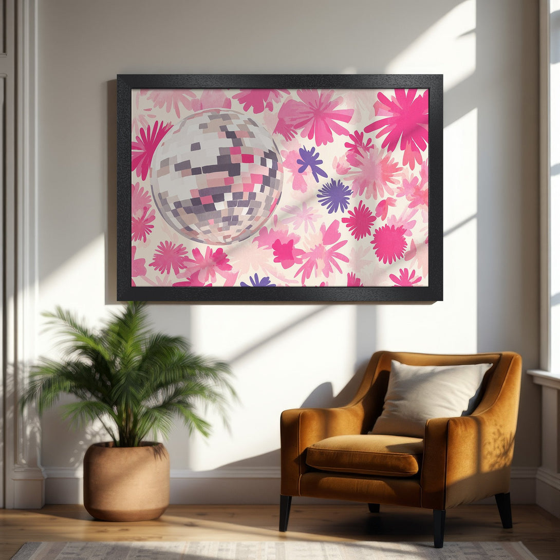 Framed Poster featuring a disco ball and floral design in pink, purple, and cream. Modern art for a stylish home.