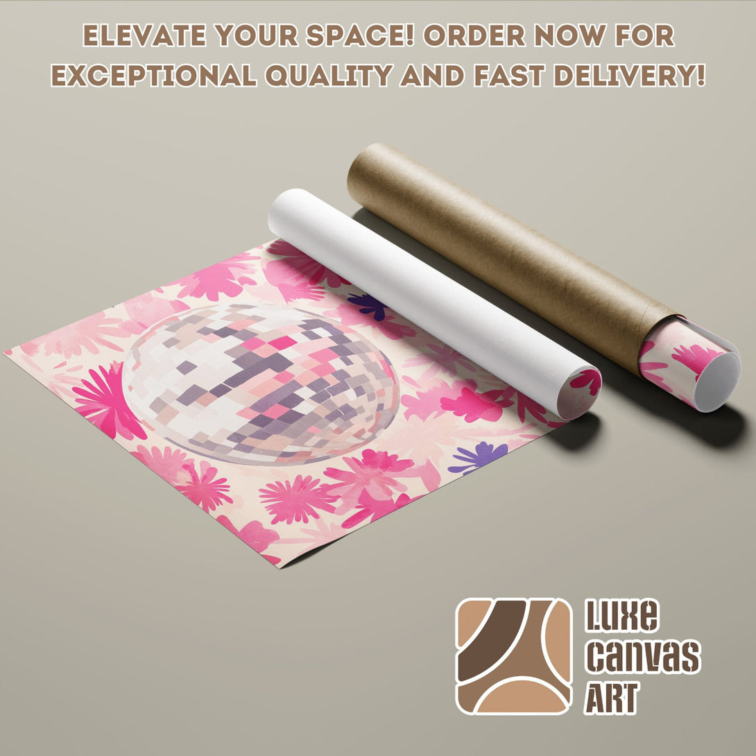 Poster Roll featuring a disco ball design with a pink floral pattern, soft color palette.