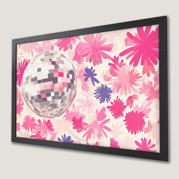 Framed Poster featuring a disco ball and floral design in pink hues. Add a pop of color to your space!