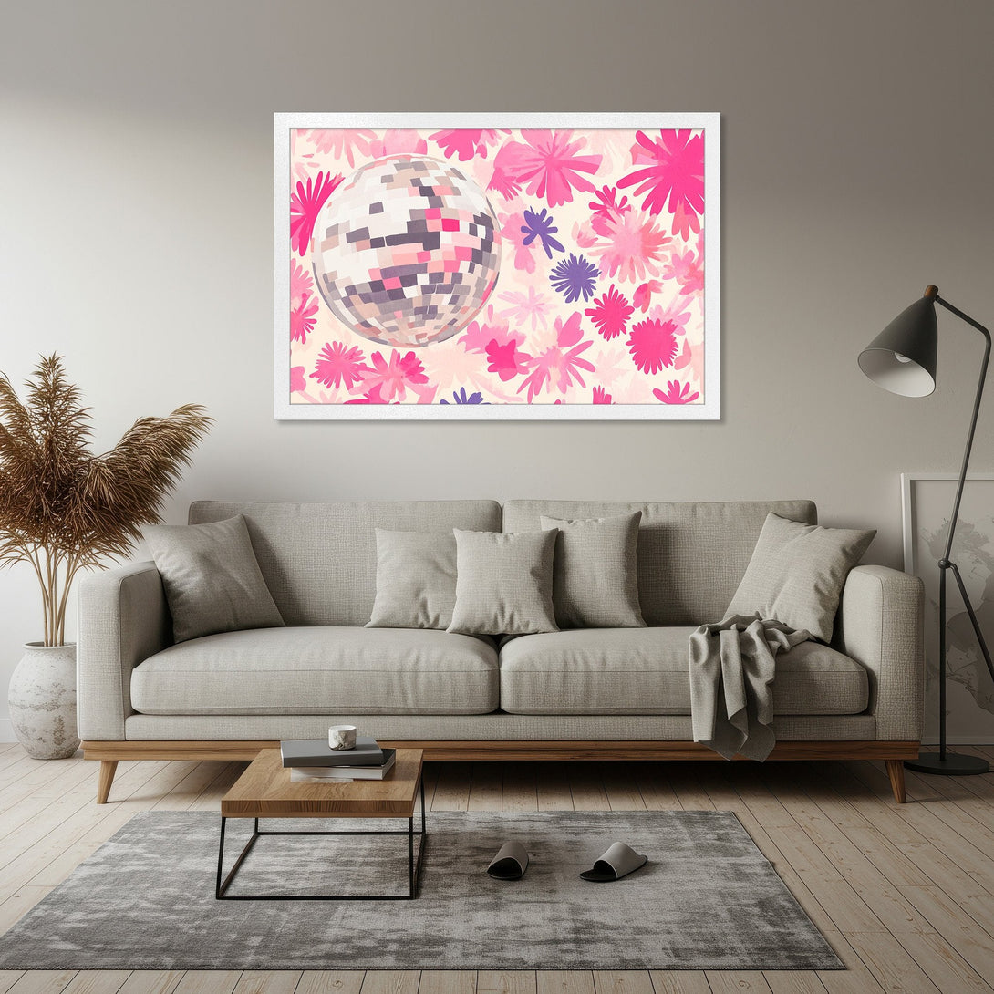 Framed Poster featuring a disco ball and floral design in pink and purple hues, perfect for adding a pop of color to your space.