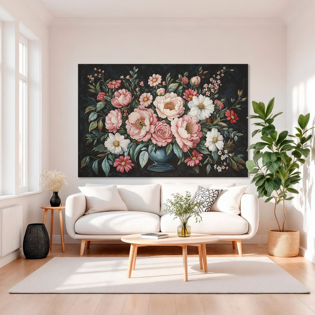 Framed Wall Art: Elegant floral Canvas Print with pink, white, and red blooms against a dark background. Adds a touch of luxury to any interior.