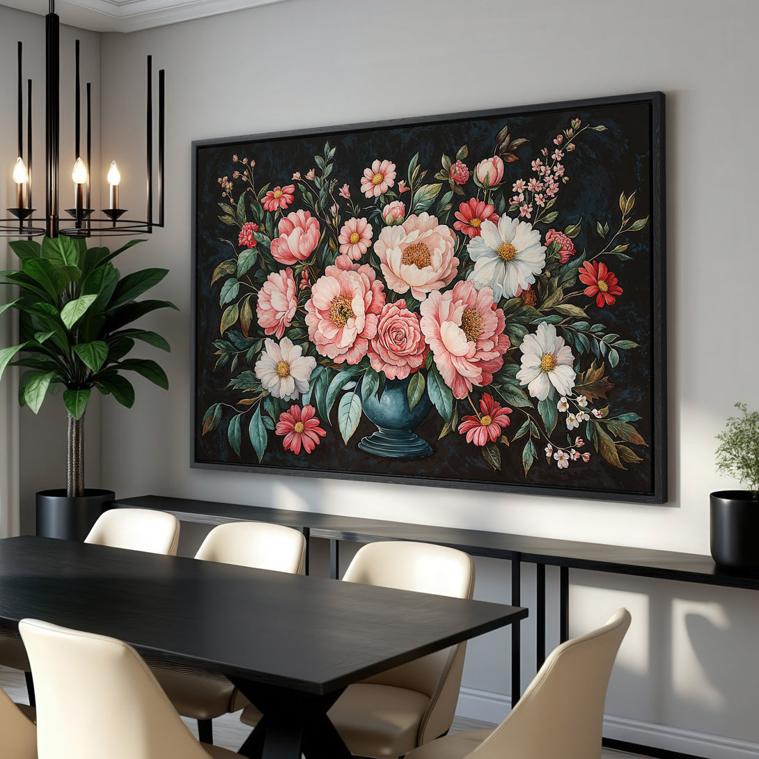 Framed Wall Art: Elegant floral canvas print in a dining room. Features a vintage style with pink, white, and red blooms against a dark background.