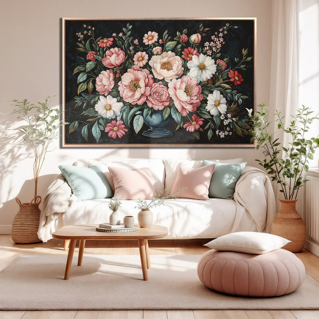 Framed Wall Art: Floral bouquet Canvas Print in blush pink and dark teal, perfect for adding elegance to your living room decor.