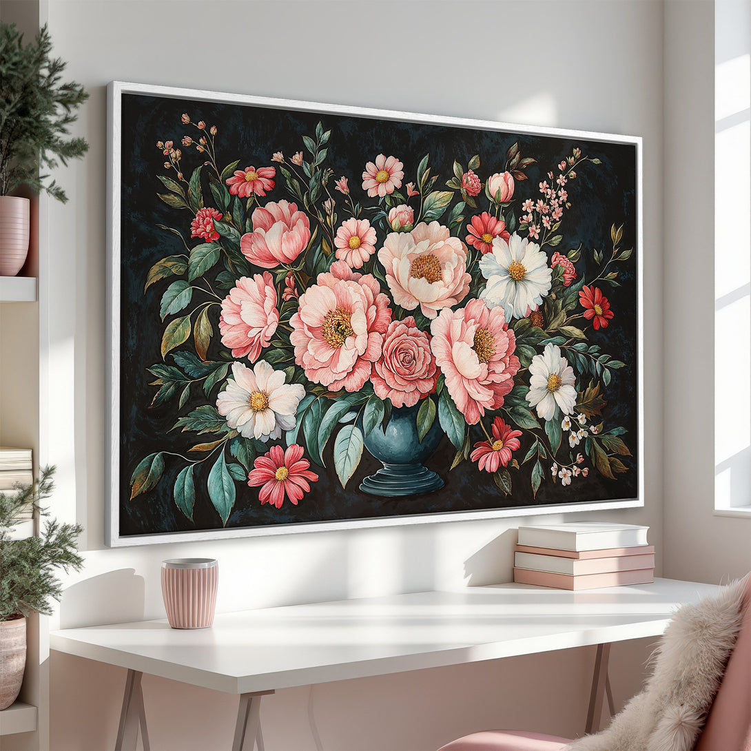 Framed Wall Art featuring a floral bouquet in pink, red, and white against a dark background. Adds elegance to any space!