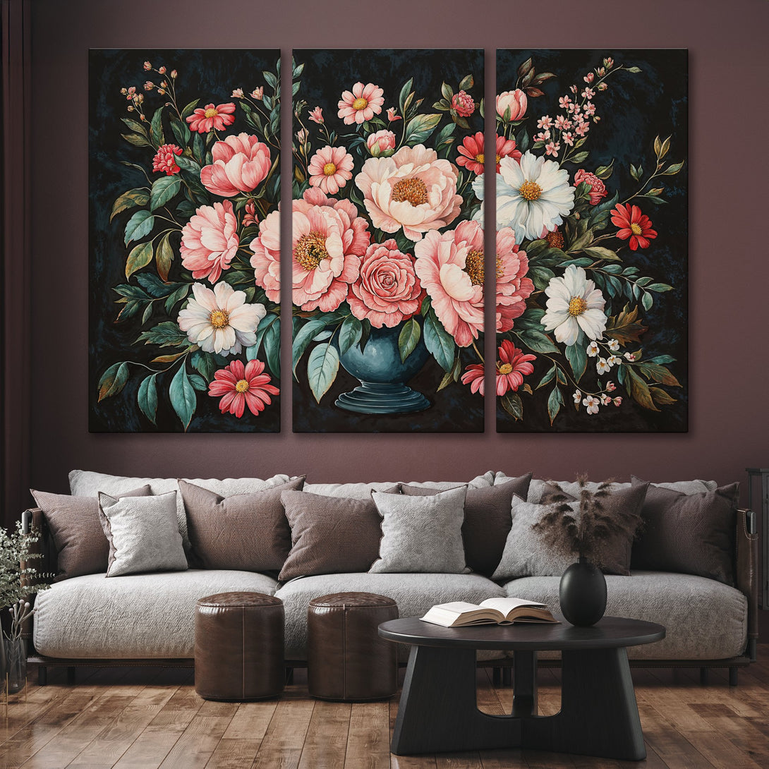 Canvas Print of a floral bouquet in a dark, moody style with pink, white, and green hues. Perfect for adding elegance to your home decor.