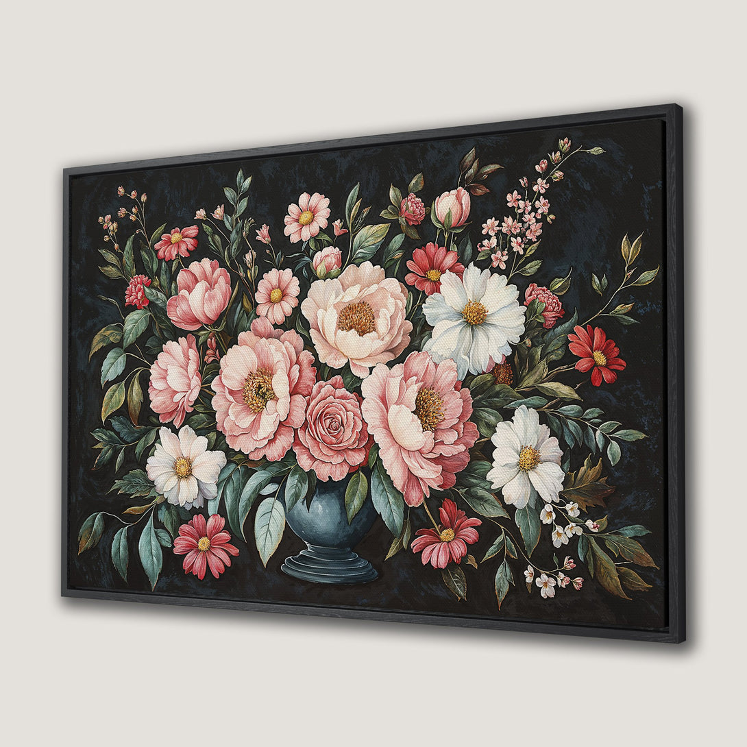 Framed Wall Art featuring a floral still life in a vintage style with pink, red, and white blooms against a dark background.