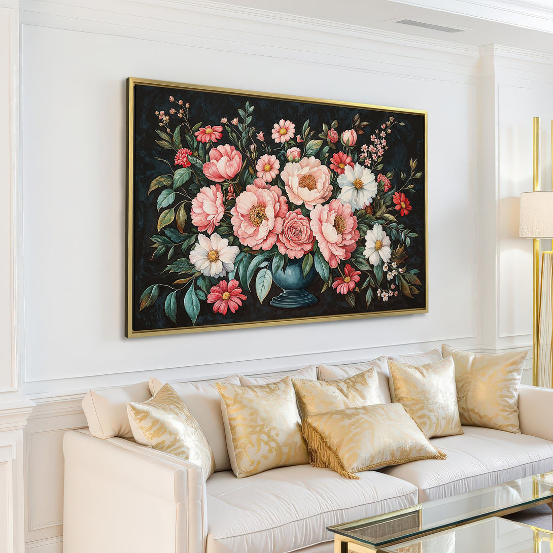 Canvas Print of a floral bouquet in a vase, featuring a dark background and pink, white, and red flowers. Adds elegance to any room.