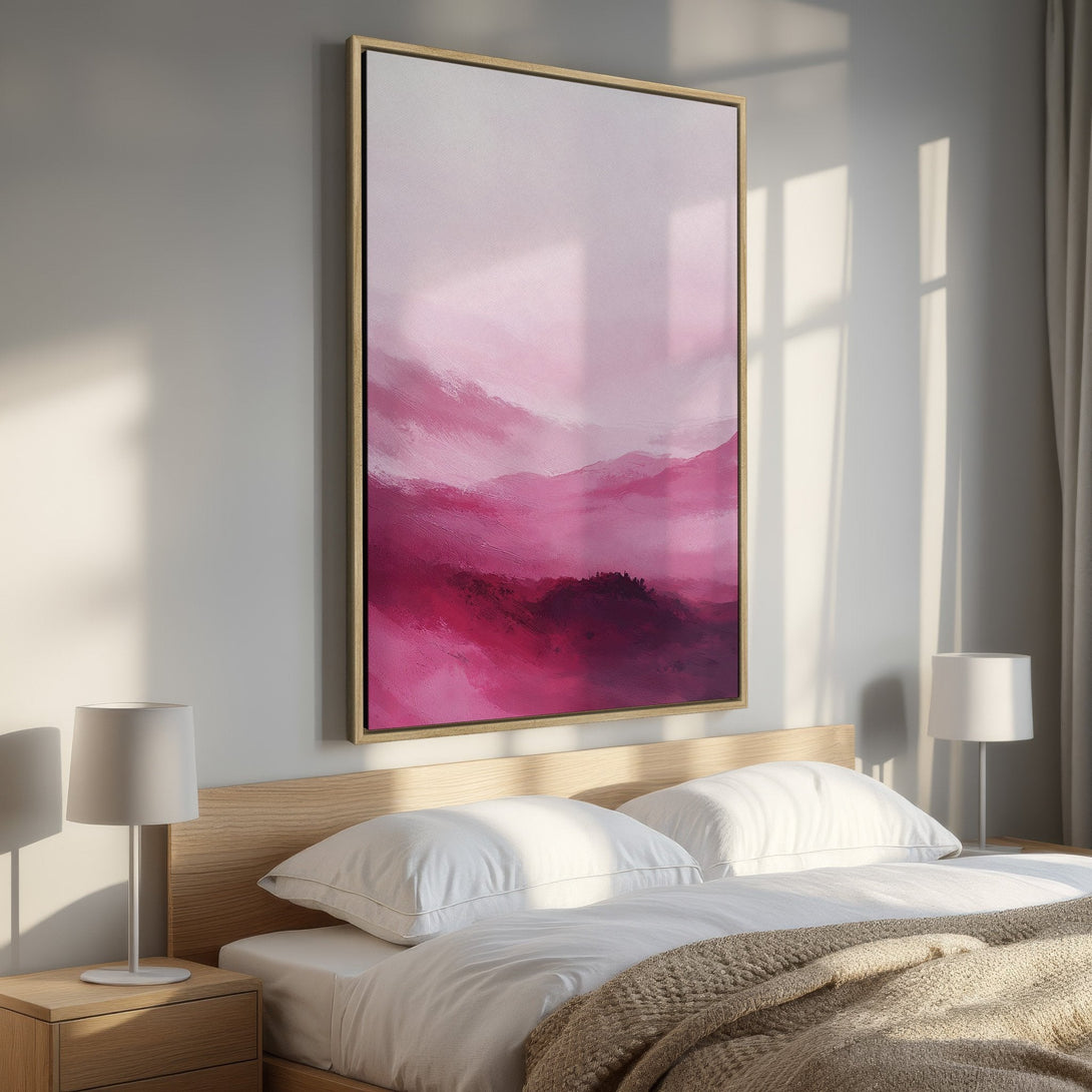 Framed Wall Art: Abstract pink landscape canvas print. Modern art piece with a vibrant, romantic color palette. Perfect bedroom decor.