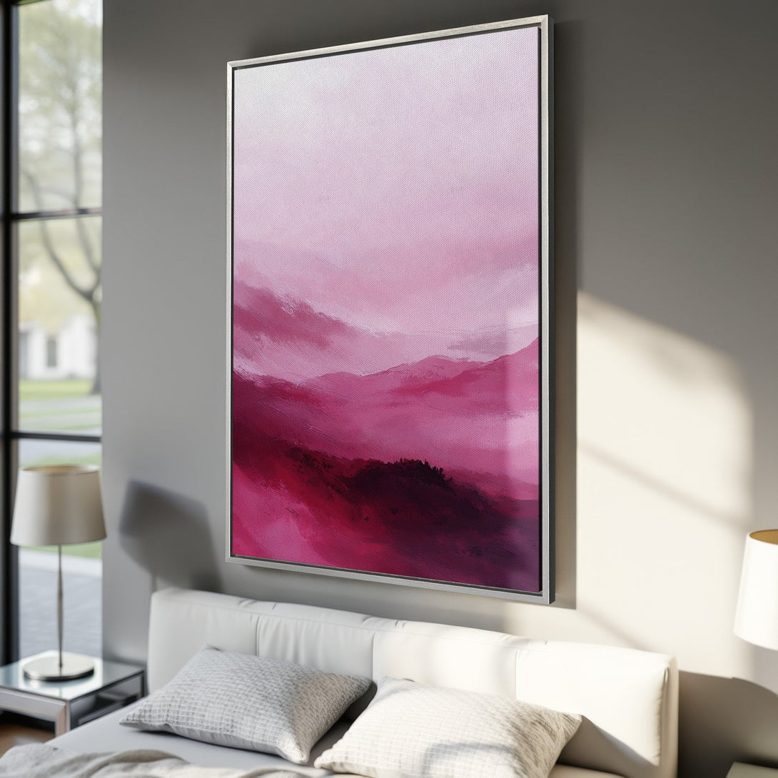 Framed Wall Art: Abstract landscape Canvas Print in pink and burgundy tones. Modern art for bedroom decor. Enhance your space with this beautiful artwork.